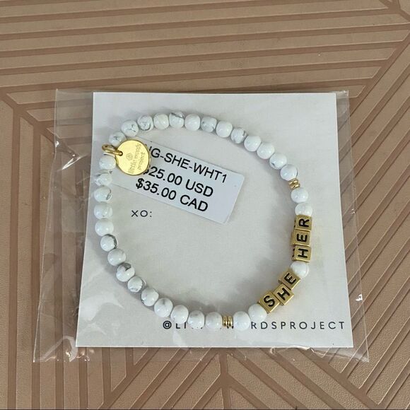 Little Words Project “She/Her” Gold Marble Beaded Stretch Bracelet Neutral - Picture 6 of 6